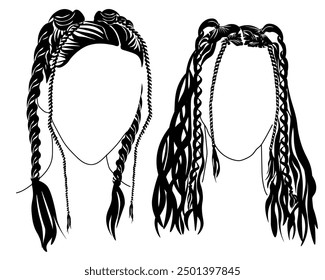 Set of silhouettes of women's hairstyles with braids, fashionable styling with braids on medium-length hair vector illustration