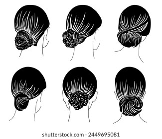 Set of silhouettes of women's hairstyles with a smooth tight bun, stylish styling for medium and long hair vector illustration