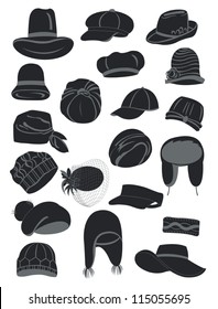 A set of silhouettes of women's hats