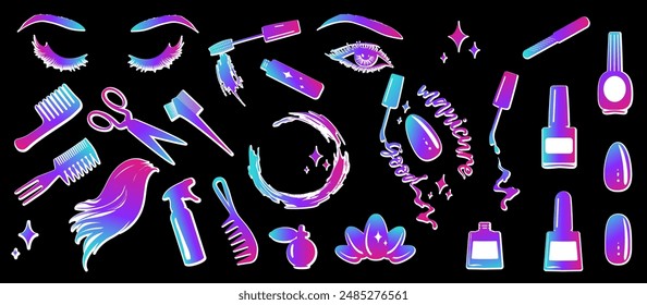 Set of silhouettes, for a women's modern beauty salon. Manicure, nail painting, hair cutting and care, makeup, mascara, lashes and eyebrows, logos. Vector illustration.