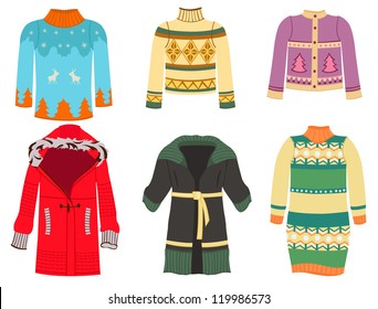 A set of silhouettes of women's sweaters and etc.