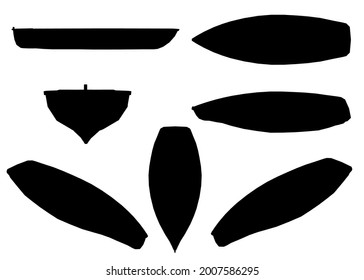 Set with silhouettes of a wooden boat in different positions isolated on a white background. Vector illustration