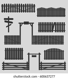 Set of silhouettes of wooden fences with gates. Vector illustration