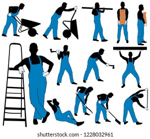 Set of silhouettes of worker in costume isolated on white background. Icons of man working with different instruments and tools.