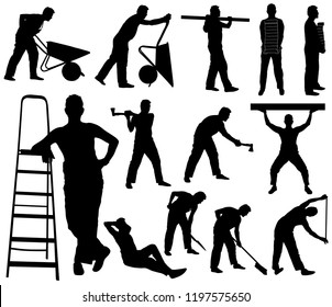 Set of silhouettes of worker isolated on white background. Icons of man working with different instruments and tools.