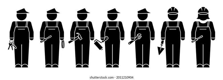 Set of silhouettes of workers (6 men and 1 woman) with in hand the tool corresponding to their trade. 