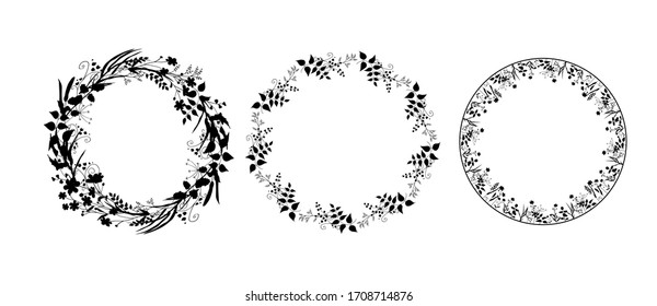 Set of silhouettes of wreaths of field herbs and plants. Black vector round frames isolated on white background. Medicinal flowers, twigs, leaves. Template design for print, cosmetics, tea, pharmacy.