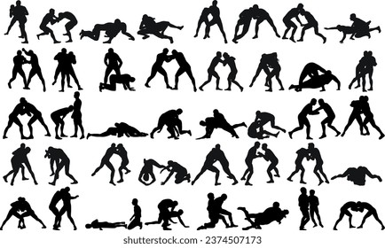 Set of silhouettes wrestlers in wrestling, fighting. Greco Roman wrestling, fight, combating, struggle, grappling, duel, mixed martial art, sportsmanship