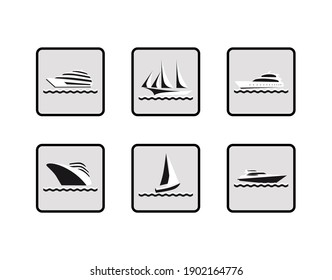 Está rodeado de siluetas de yates, veleros y cruceros en un fondo blanco. Iconos vectores en blanco y negro con transporte marítimo de pasajeros.