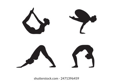 A set of silhouettes of yoga pose icons, gymnastic exercises. A vector image.