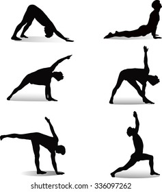 A set of silhouettes . Yoga poses. Black and white .