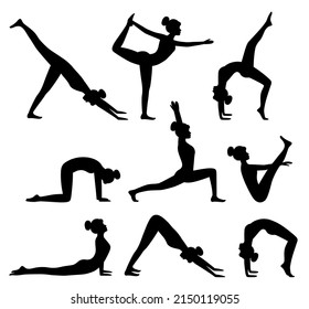 Set of silhouettes of yoga postures. Woman doing yoga and pilates exercises. Healthy lifestyle. Workout, vector illustration