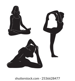 set of silhouettes of yoga women illustration art