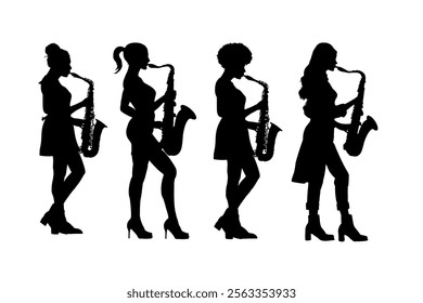 set of silhouettes of young beautiful woman playing saxophone, saxophonist, jezzwoman - vector illustration, isolated
