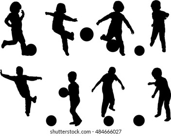 Set of silhouettes of young boys playing with ball