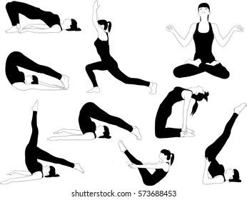 set of silhouettes young girl engaged in yoga