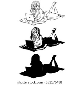 Set of silhouettes young girl using laptop while lying on the floor