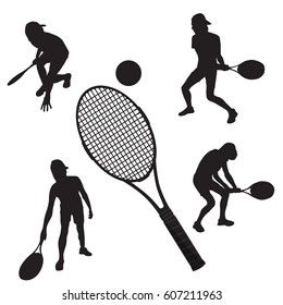 Set of silhouettes of a young man with a tennis racket in various poses while playing tennis, a tennis racket and ball,   black on a white background