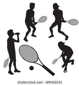 Set of silhouettes of a young man with a tennis racket in various poses while playing tennis, a tennis racket and ball, drink,  black on a white background