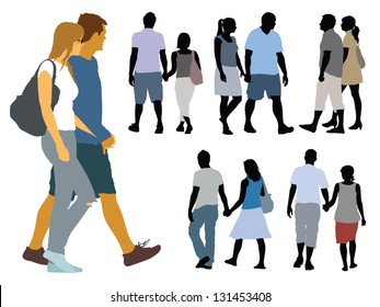 A set of silhouettes, young people on a walk.