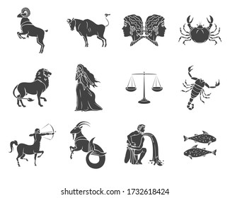 Conjunto de siluetas de símbolos zodiacos sobre un fondo blanco