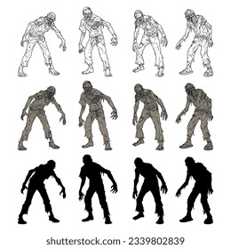 set of silhouettes of zombies, line art dead man walking, vector cartoon spooky monster halloween, isolated on transparent background.