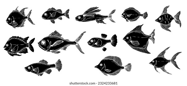 Set of silhouettes,doodles of various fishes. Vector graphics.
