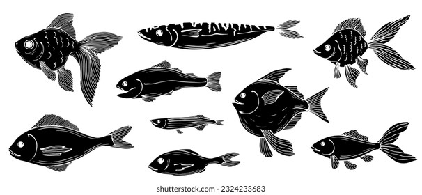 Set of silhouettes,doodles of various fishes. Vector graphics.