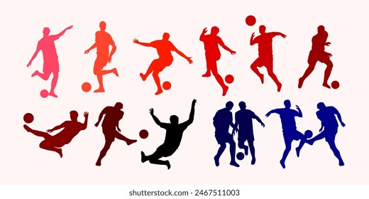 Set of silhouttes football, soccer player icon character vector illustration. isolated on white.