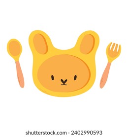 Conjunto de platos de silicona para vector infantil. Set de vajilla para bebés, plato infantil de estilo plano. El concepto de la primera vajilla
