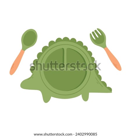 Set of silicone dishes for children vector. Baby tableware set, kids dish in flat style. The concept of the first tableware.