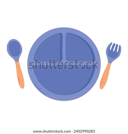 Set of silicone dishes for children vector. Baby tableware set, kids dish in flat style. The concept of the first tableware.