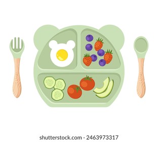 A set of silicone utensils for kid with food: plate, fork and spoon. Baby food. Vector flat illustration.