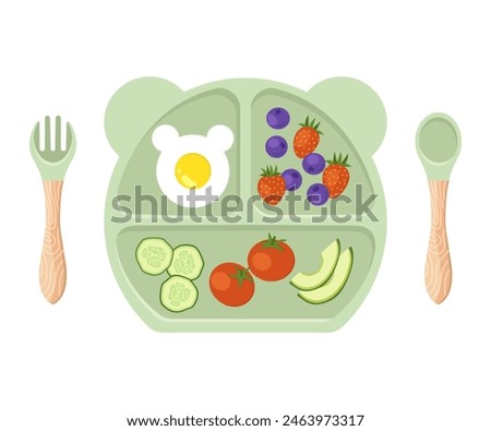 A set of silicone utensils for kid with food: plate, fork and spoon. Baby food. Vector flat illustration.