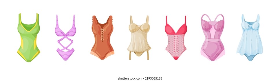 Set of silk and cotton underwear for women. Different types of bodysuits and swimsuits. One piece swimsuit with straps, corset, bodysuit. Female underwear garment cartoon vector