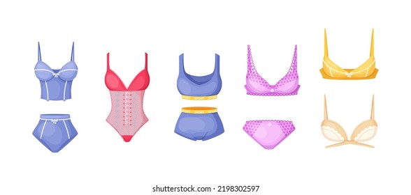 Set of silk and cotton underwear for women. Different types of bodysuits and swimsuits. One piece and separate swimsuit with straps, corset, bodysuit. Female underwear garment cartoon vector