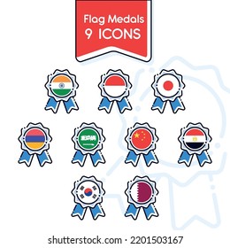 Juego de iconos de medallas de seda con diferentes banderas Vector