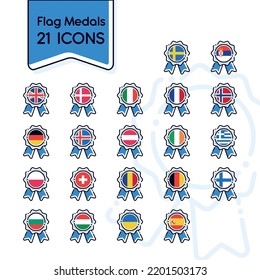 Juego de iconos de medallas de seda con diferentes banderas Vector