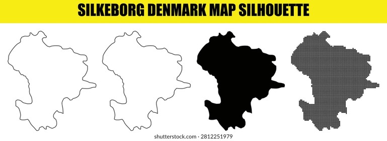 Set of Silkeborg Denmark map silhouettes. Features outline, solid black, and dotted fill. Ideal for geographical contexts and place visualizations.