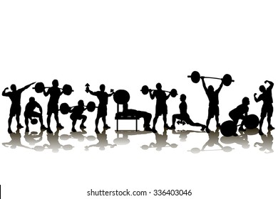 set of sillhouettes of athletes with shadow on white