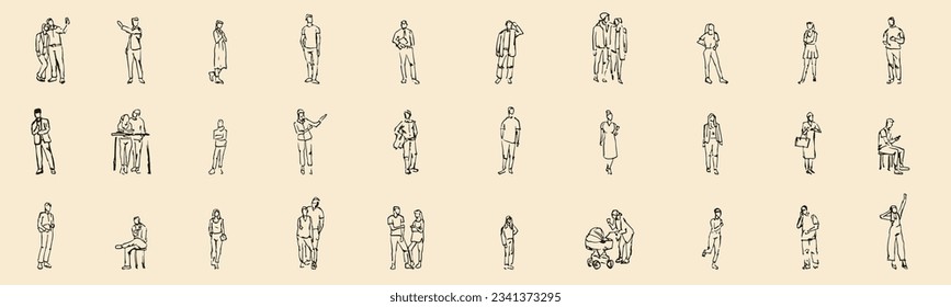 Set sillhouettes people in sketch style. Hand draw man, woman, child, couple isolated on white background. Collection simple vector illustration.