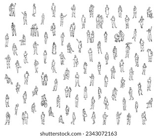 Set sillhouettes people in sketch style. Hand draw man, woman, child, couple isolated on white background. Collection simple vector illustration.