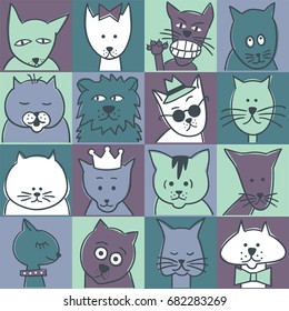 Set Of Silly Cartoon Cat Portraits