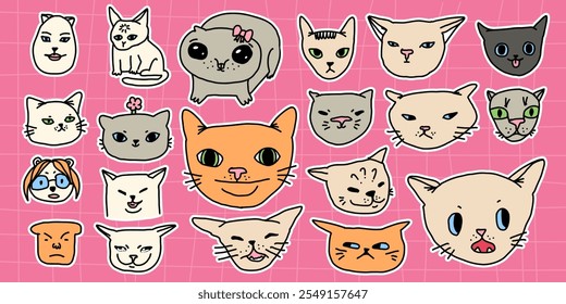 Set of silly meme cat faces. Cute and funny domestic animals cats muzzles stickers. Kitten pet heads portraits. Ridiculous feline icons. For advertising, posters, prints, clothing, social media, child