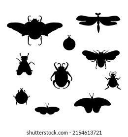 A set of silueta with insects. Illustration of black beetles, wasps, flies, butterflies, moths, dragonflies. Types of insect with wings, legs, flying and soaring. Vector illustration