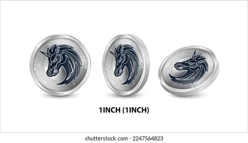 Set of silver 1inch (1INCH) coin. 3D isometric Physical coins. Digital currency. Cryptocurrency. Silver coin with bitcoin, ripple, ethereum symbol isolated on white background. Vector illustration. svg
