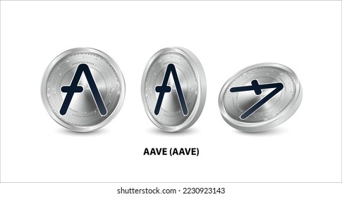 Set of silver Aave (AAVE) coin. 3D isometric Physical coins. Digital currency. Cryptocurrency. Silver coin with bitcoin, ripple, ethereum symbol isolated on white background. Vector illustration.