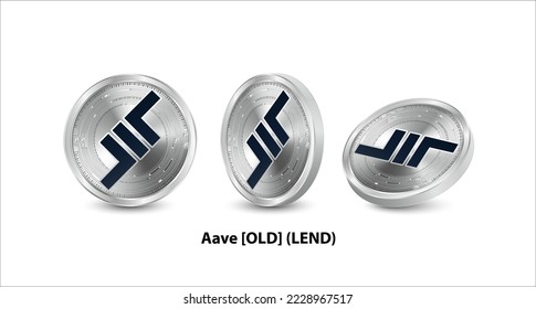 Set of silver Aave [OLD] (LEND) coin. 3D isometric Physical coins. Digital currency. Cryptocurrency. Silver coin with bitcoin, ripple, ethereum symbol isolated on white background. Vector illustration