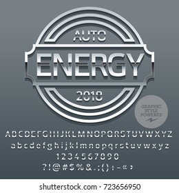 Conjunto de letras de alfabeto plateado, números y símbolos de puntuación. El tipo de letra contiene el estilo gráfico. Logotipo vectorial con texto Auto Energy.