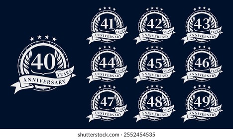 Conjunto de Vector de logotipo de celebración de aniversario de plata. Premium 40th - 49th anniversary Celebración Emblema Diseño de logotipo Plantilla colecciones